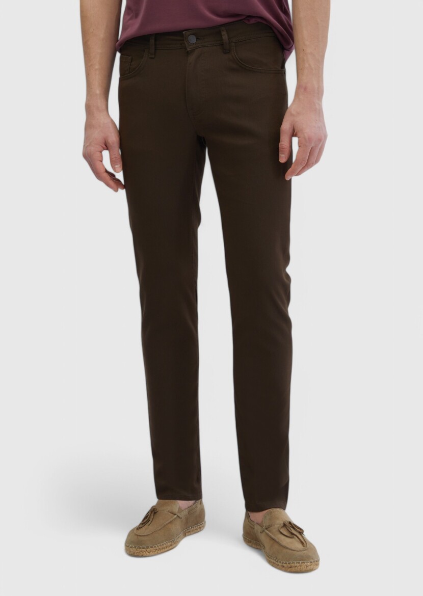 Kahverengi Düz Dokuma Slim Fit Casual Pamuk Karışımlı Pantolon - 2