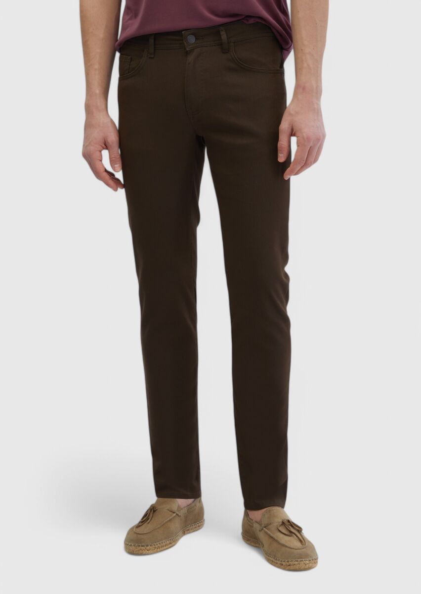 Kahverengi Düz Dokuma Slim Fit Casual Pamuk Karışımlı Pantolon - 2