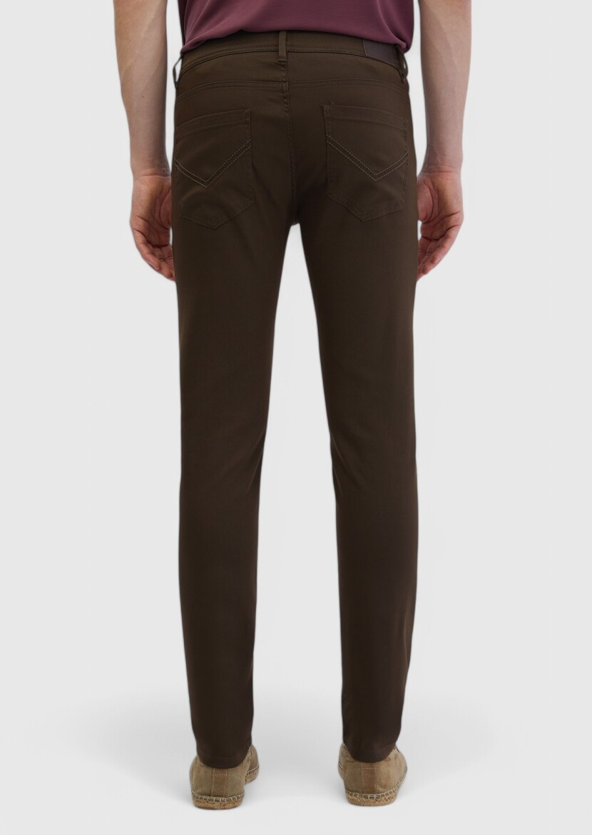Kahverengi Düz Dokuma Slim Fit Casual Pamuk Karışımlı Pantolon - 5