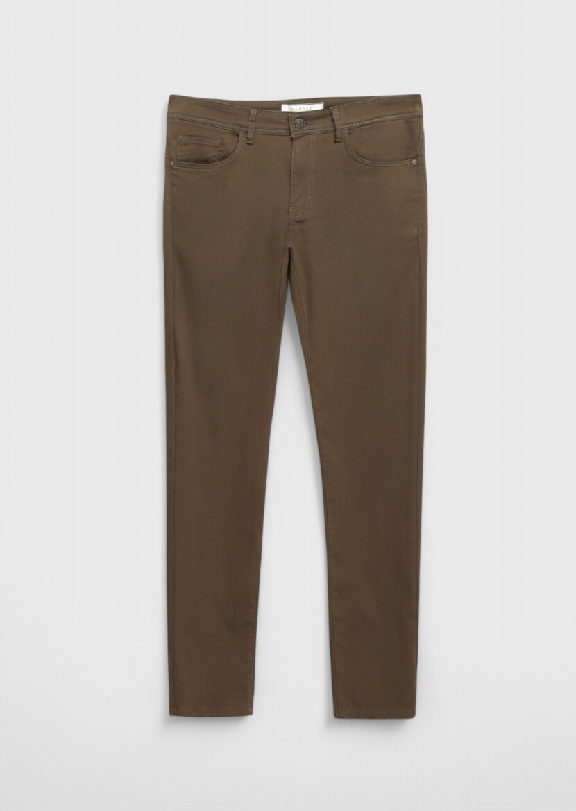 Kahverengi Düz Dokuma Slim Fit Casual Pamuk Karışımlı Pantolon - 6