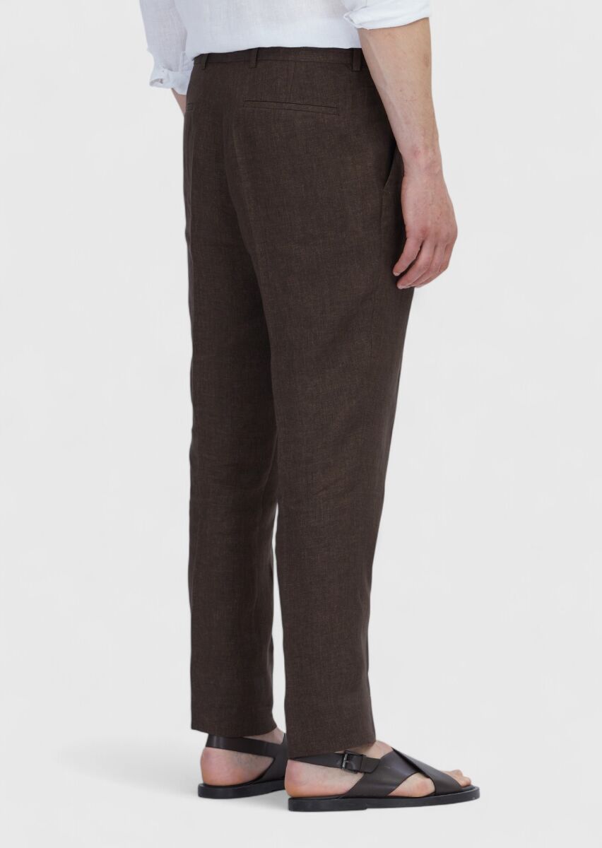 Kahverengi Düz Kumaş Regular Fit Casual %100 Keten Pantolon - 5