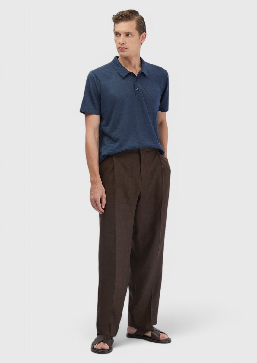 Kahverengi Düz Kumaş Regular Fit Casual %100 Keten Pantolon - 1
