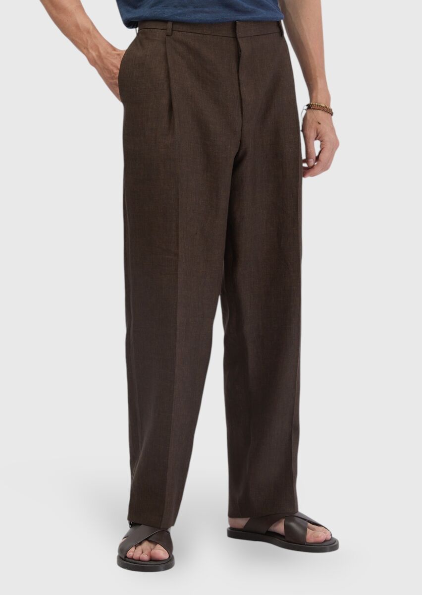 Kahverengi Düz Kumaş Regular Fit Casual %100 Keten Pantolon - 2