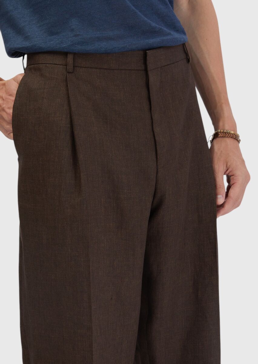 Kahverengi Düz Kumaş Regular Fit Casual %100 Keten Pantolon - 3