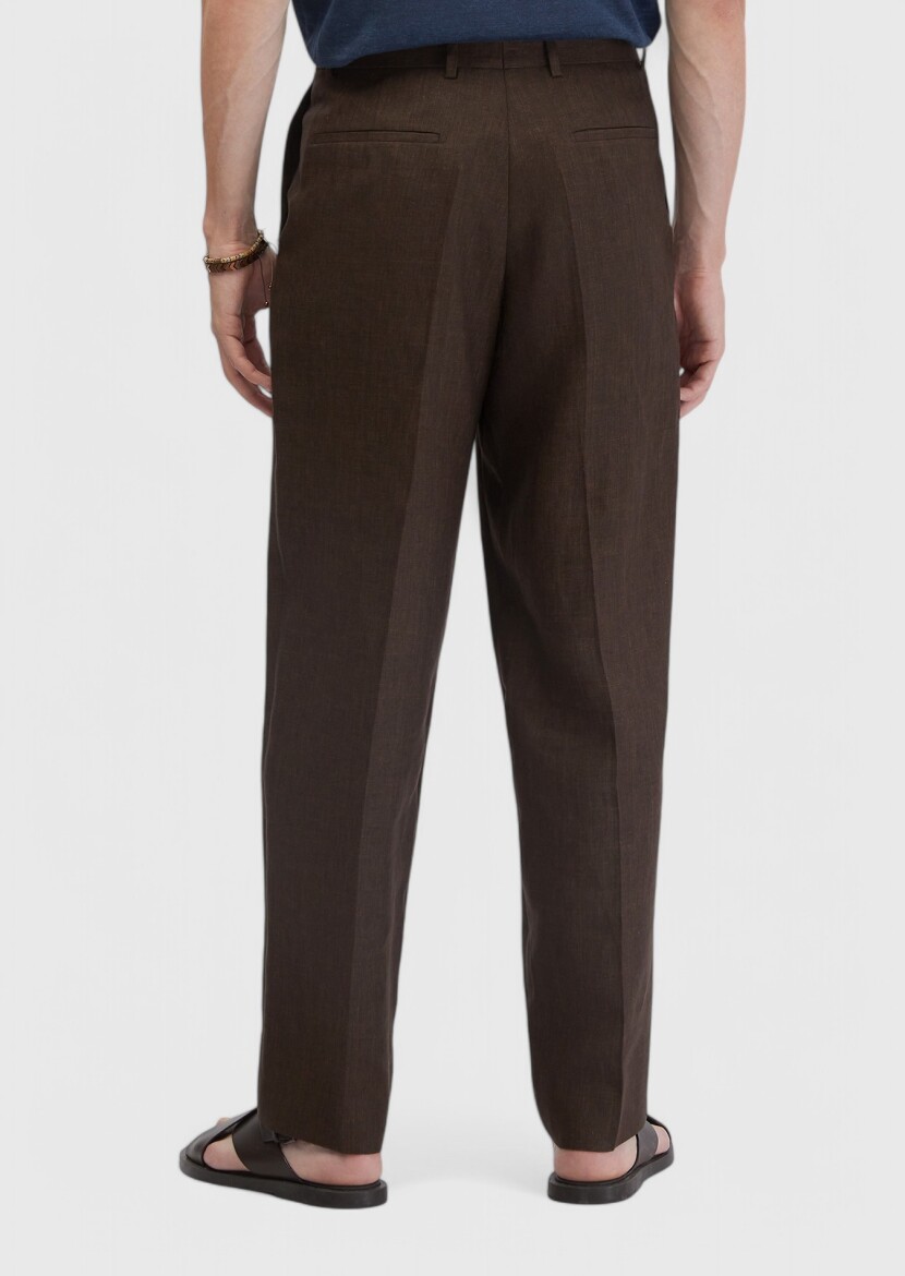 Kahverengi Düz Kumaş Regular Fit Casual %100 Keten Pantolon - 4