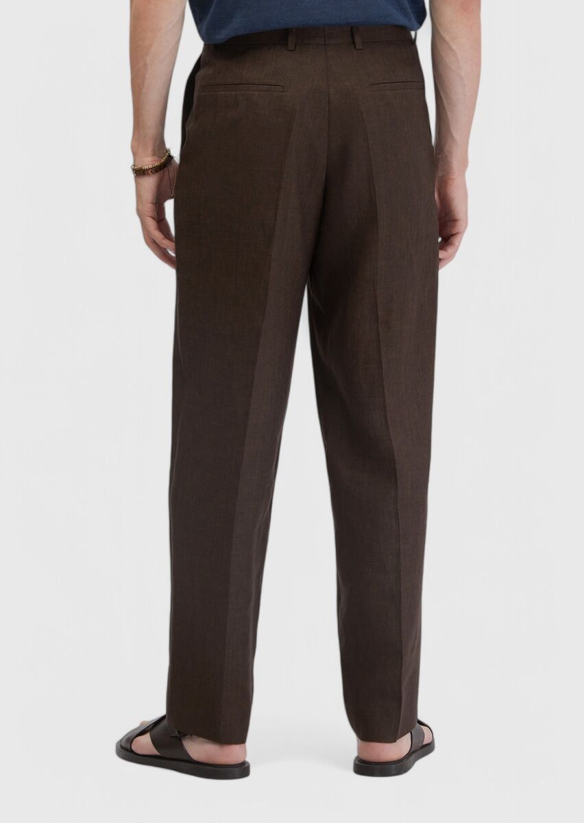Kahverengi Düz Kumaş Regular Fit Casual %100 Keten Pantolon - 4