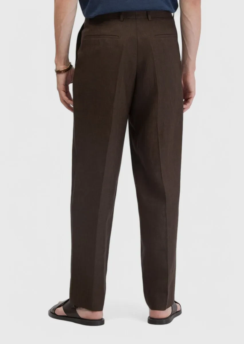 Kahverengi Düz Kumaş Regular Fit Casual %100 Keten Pantolon - 4