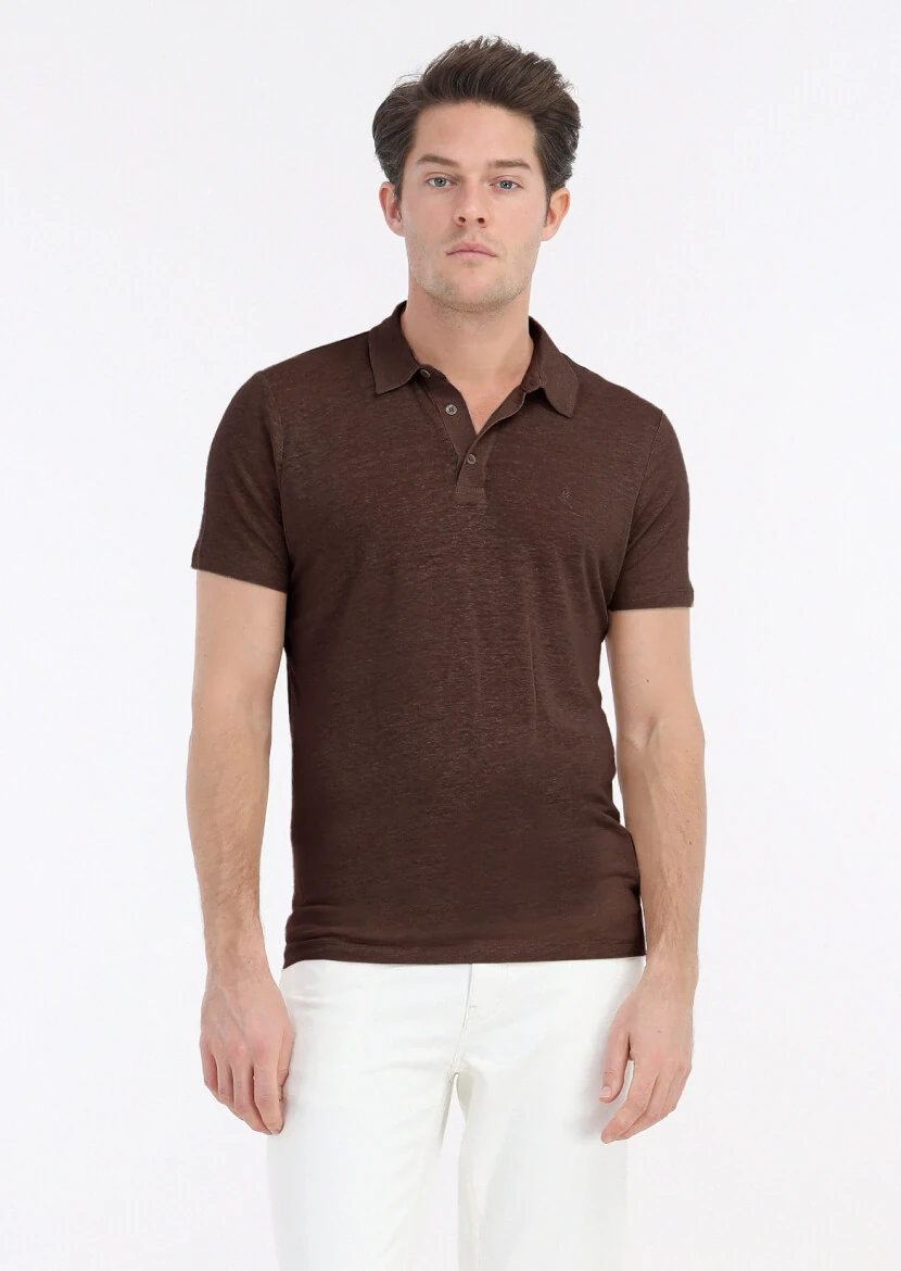 Kahverengi Düz Polo Yaka %100 Keten T-Shirt - 1