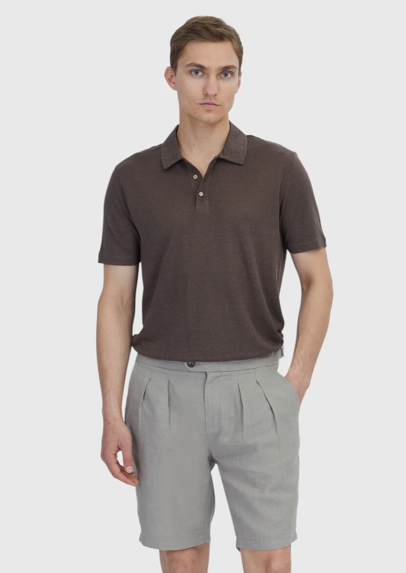 Kahverengi Düz Polo Yaka %100 Keten T-Shirt - 1