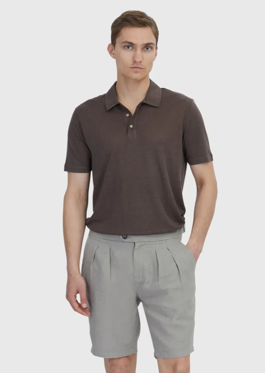 Kahverengi Düz Polo Yaka %100 Keten T-Shirt - 1