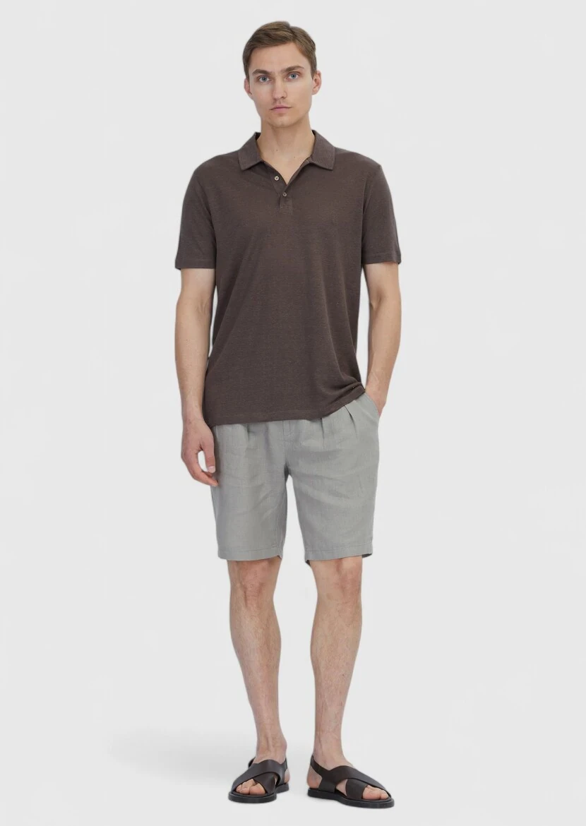 Kahverengi Düz Polo Yaka %100 Keten T-Shirt - 2