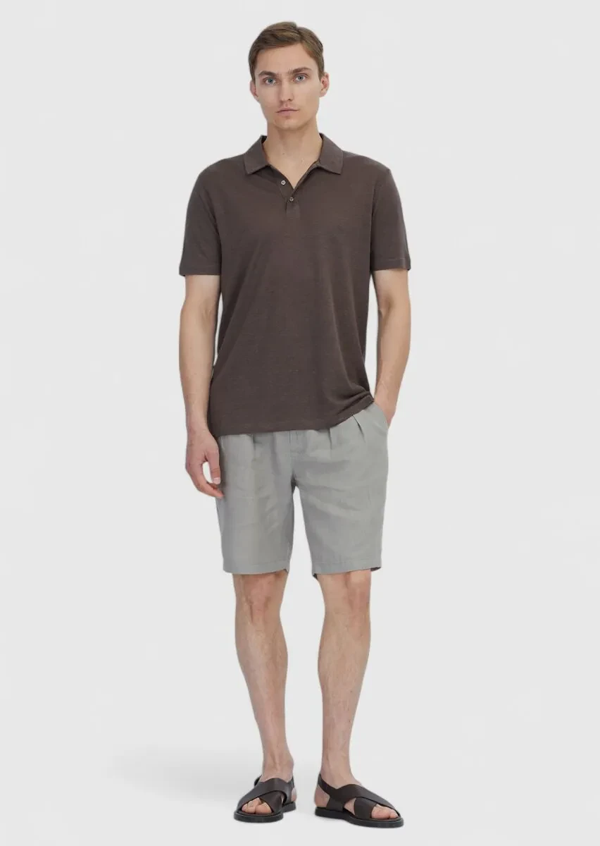 Kahverengi Düz Polo Yaka %100 Keten T-Shirt - 2