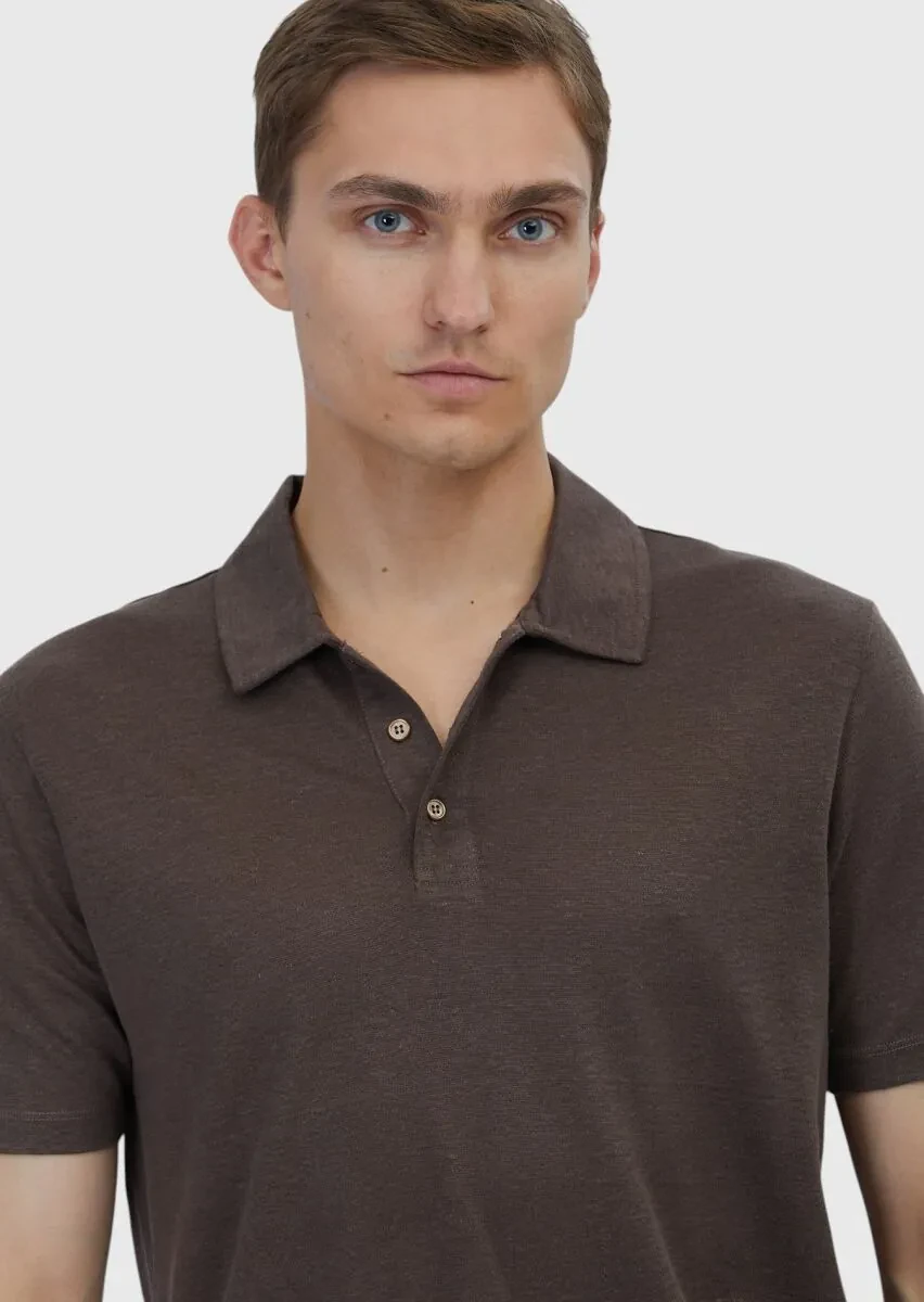 Kahverengi Düz Polo Yaka %100 Keten T-Shirt - 3