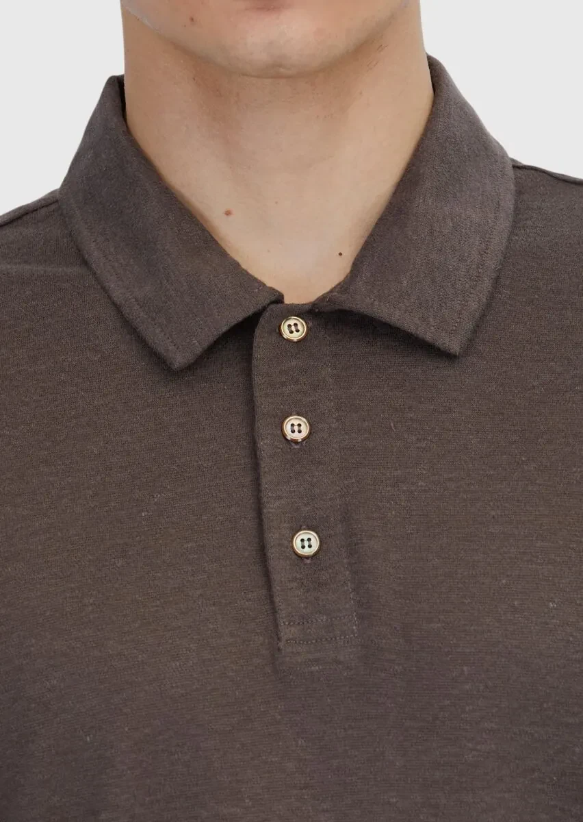 Kahverengi Düz Polo Yaka %100 Keten T-Shirt - 4