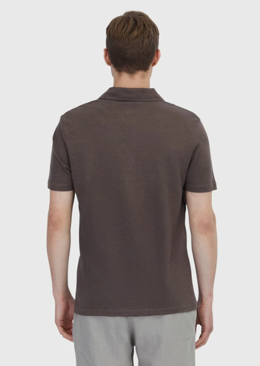 Kahverengi Düz Polo Yaka %100 Keten T-Shirt - 5