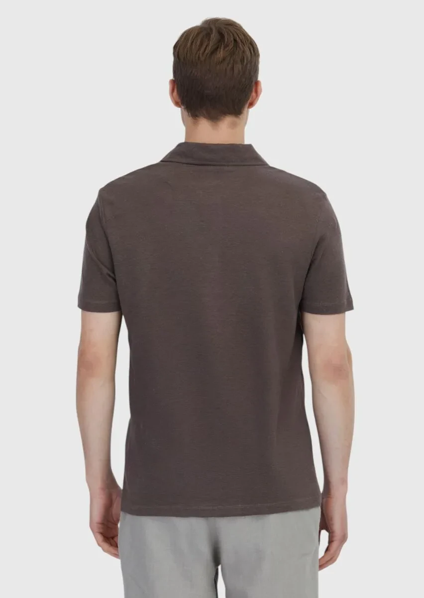 Kahverengi Düz Polo Yaka %100 Keten T-Shirt - 5