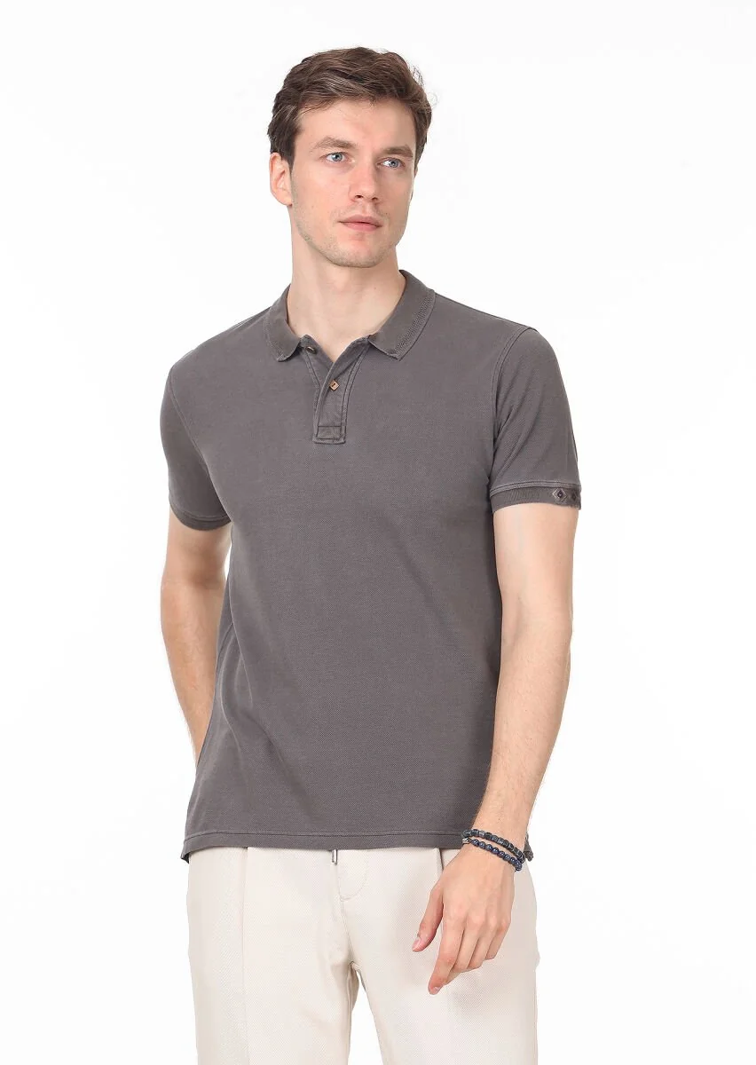 Kahverengi Düz Polo Yaka %100 Pamuk T-Shirt - 1