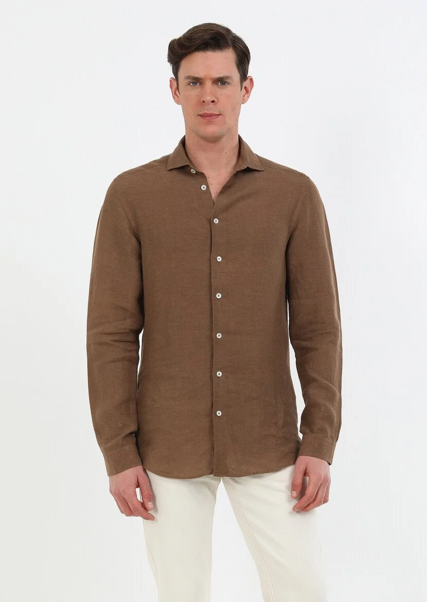 Kahverengi Düz Regular Fit Dokuma Casual %100 Keten Gömlek - 1