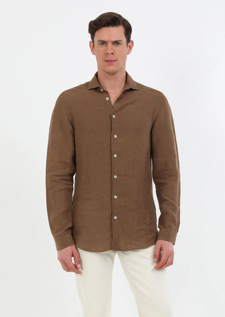Kahverengi Düz Regular Fit Dokuma Casual %100 Keten Gömlek - 1