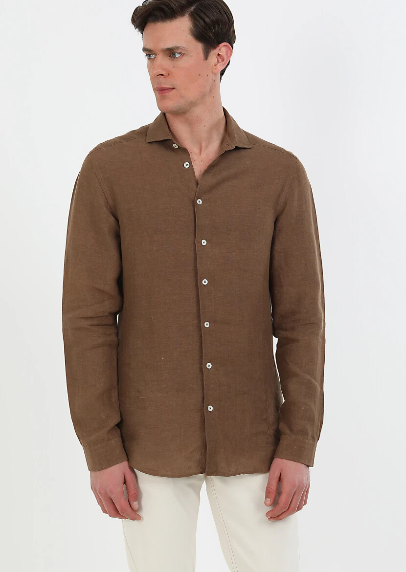 Kahverengi Düz Regular Fit Dokuma Casual %100 Keten Gömlek 