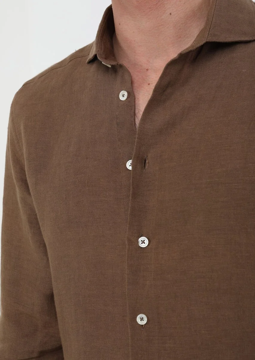 Kahverengi Düz Regular Fit Dokuma Casual %100 Keten Gömlek - 3