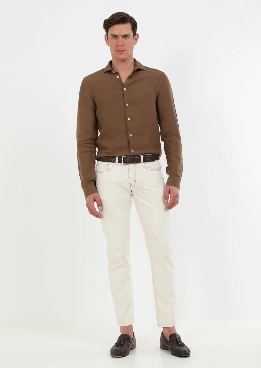 Kahverengi Düz Regular Fit Dokuma Casual %100 Keten Gömlek - 5