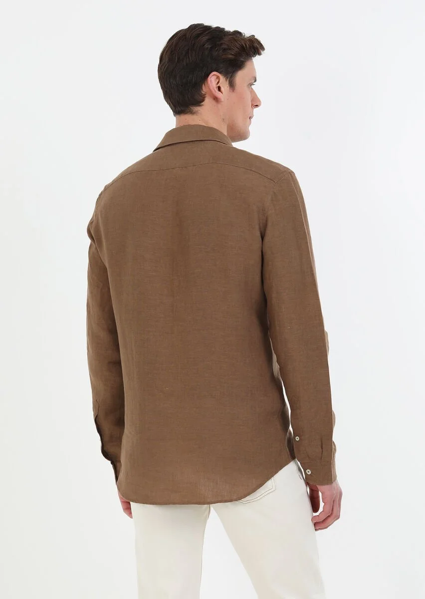 Kahverengi Düz Regular Fit Dokuma Casual %100 Keten Gömlek - 6