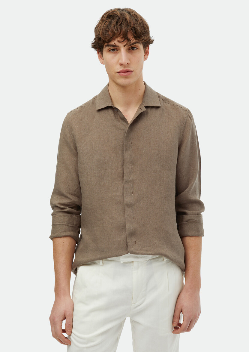 Kahverengi Düz Regular Fit Dokuma Casual %100 Keten Gömlek - RAMSEY