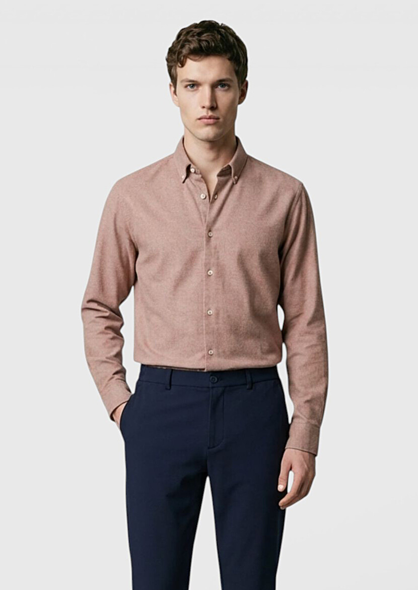Kahverengi Düz Regular Fit Dokuma Casual %100 Pamuk Gömlek - 3
