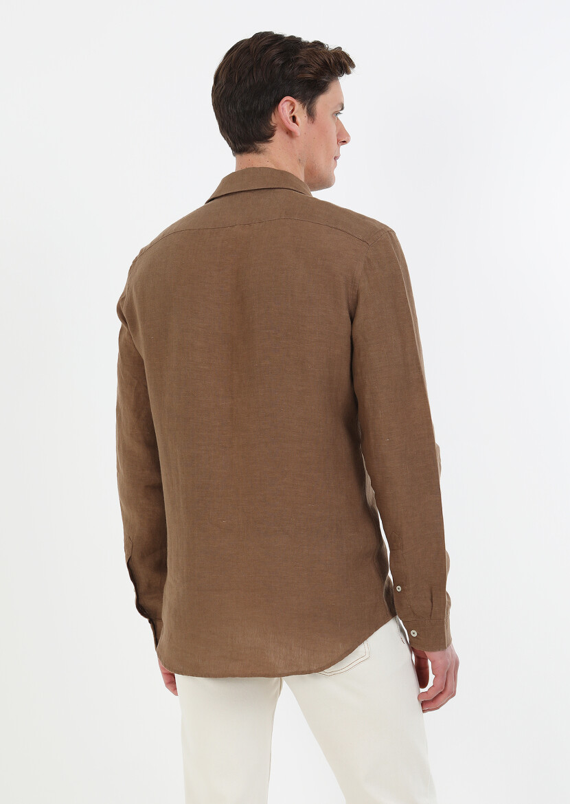 Kahverengi Düz Regular Fit Uzun Dokuma Casual %100 Keten Gömlek - 6