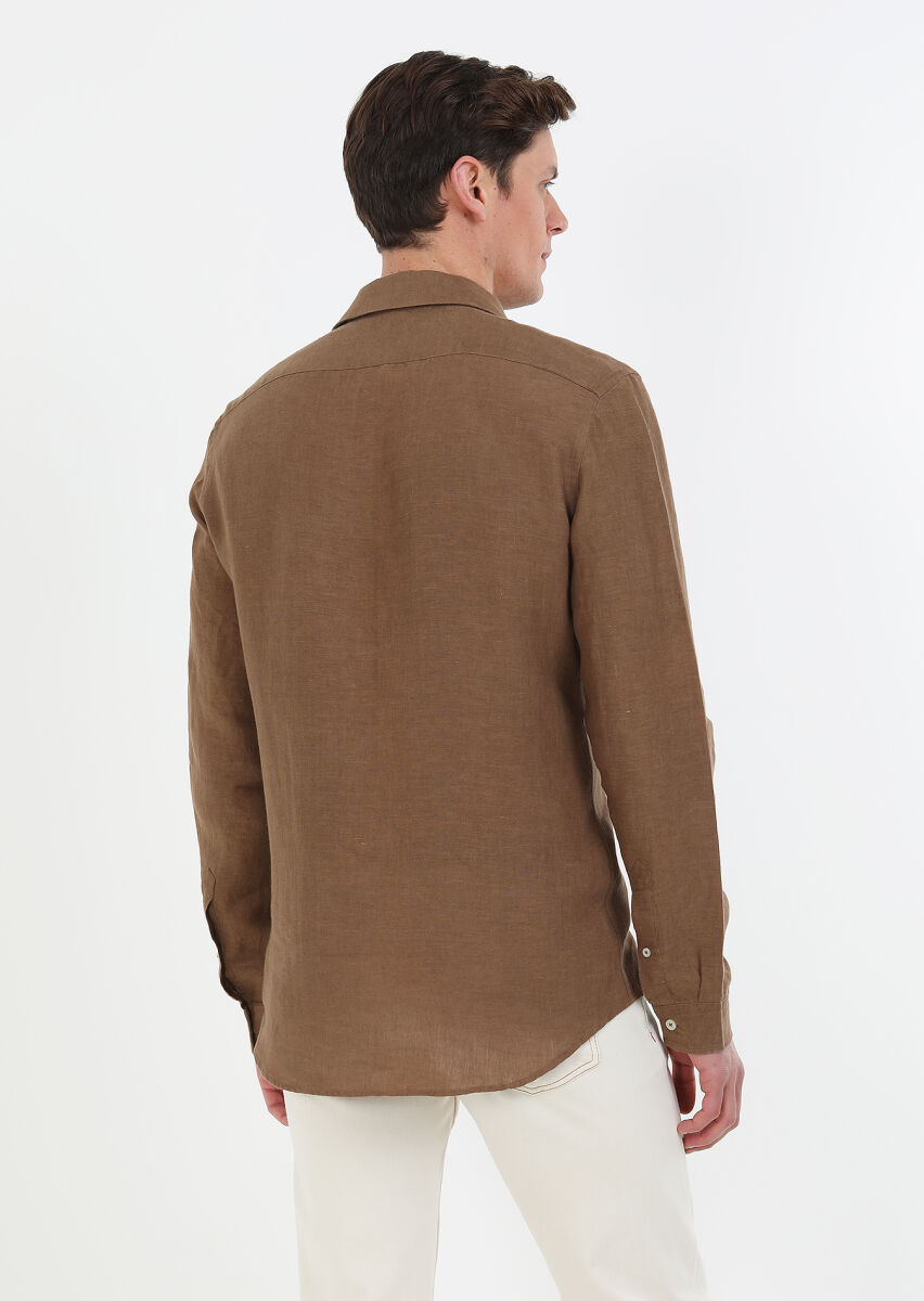 Kahverengi Düz Regular Fit Uzun Dokuma Casual %100 Keten Gömlek - 6