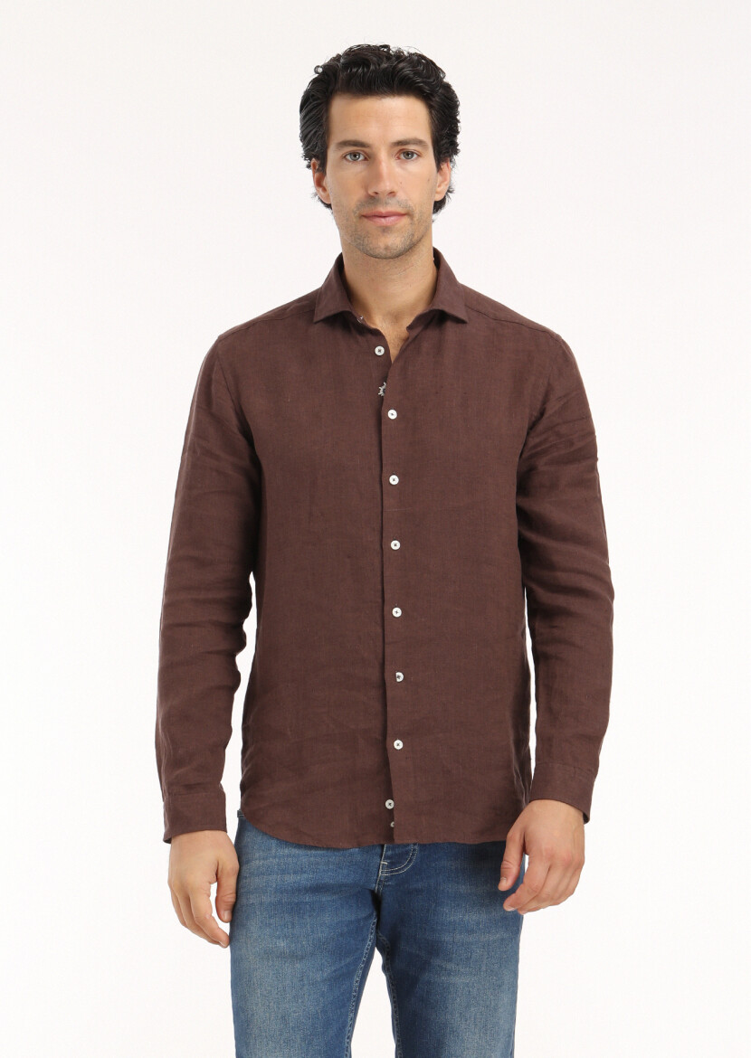 Kahverengi Düz Regular Fit Uzun Dokuma Casual %100 Keten Gömlek 