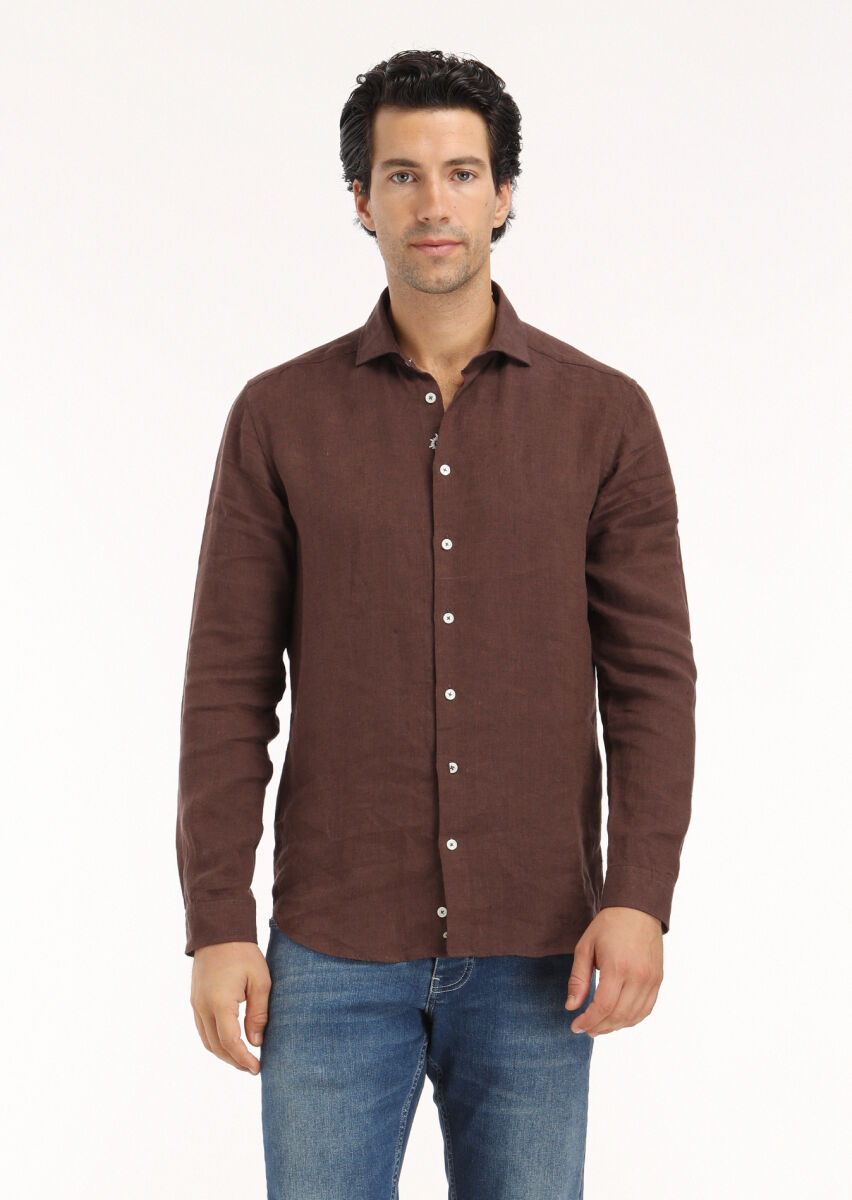 Kahverengi Düz Regular Fit Uzun Dokuma Casual %100 Keten Gömlek - 2