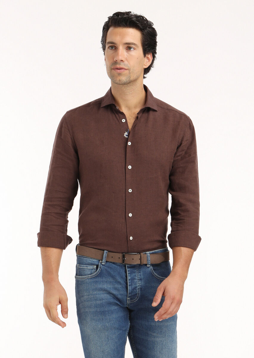 Kahverengi Düz Regular Fit Uzun Dokuma Casual %100 Keten Gömlek - 3