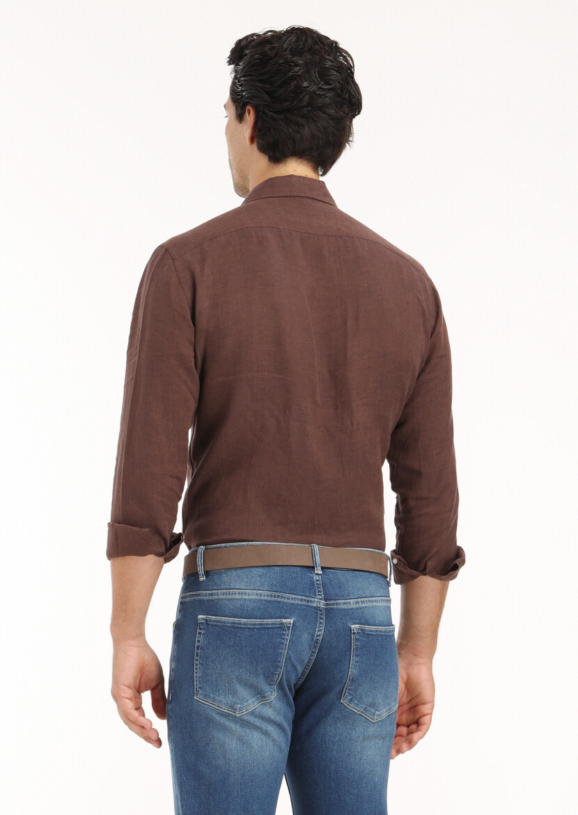 Kahverengi Düz Regular Fit Uzun Dokuma Casual %100 Keten Gömlek - 5