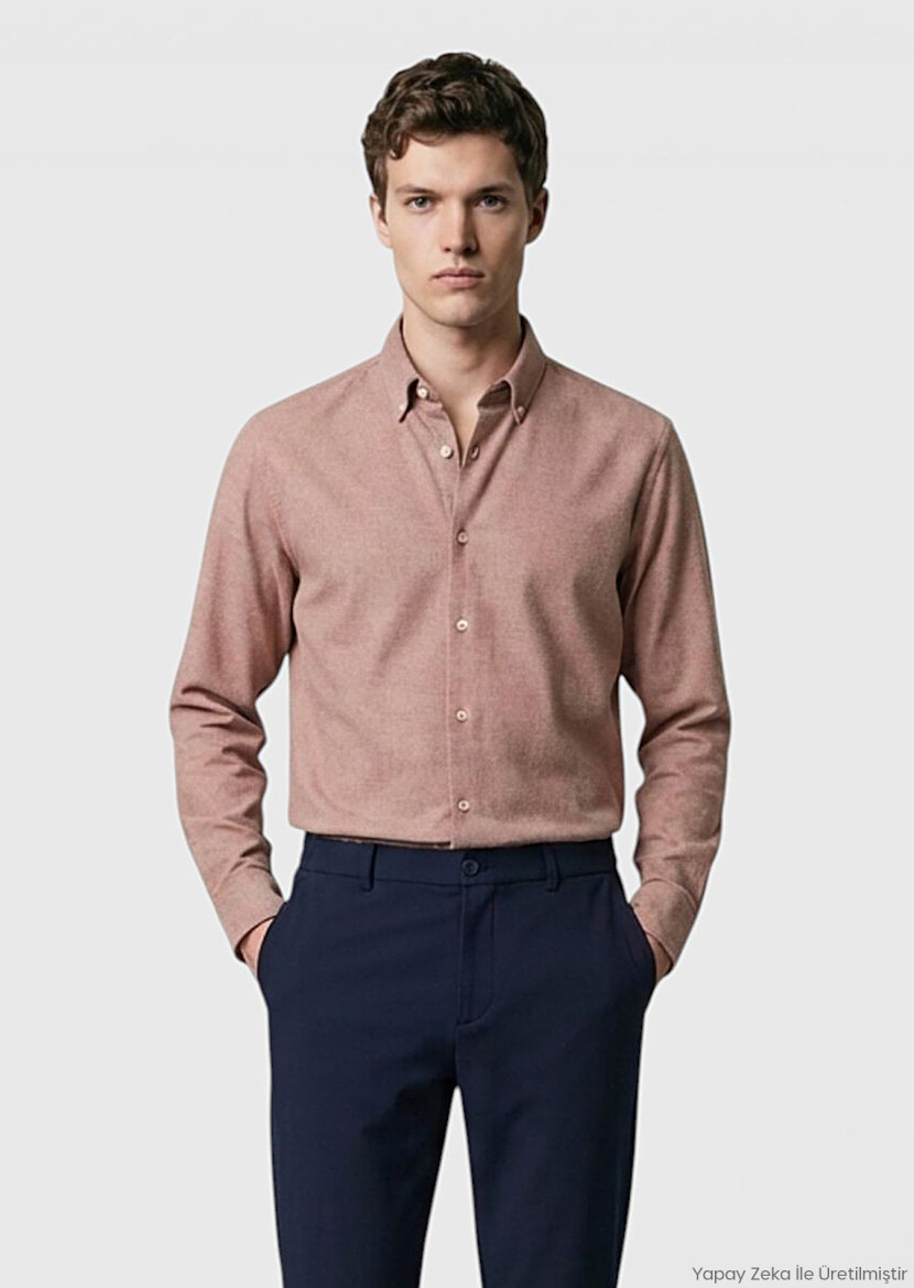 Kahverengi Düz Regular Fit Uzun Dokuma Casual %100 Pamuk Gömlek 