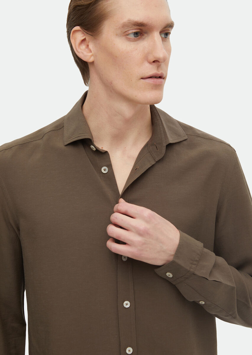 Kahverengi Düz Regular Fit Uzun Dokuma Casual Keten Karışımlı Gömlek - 1