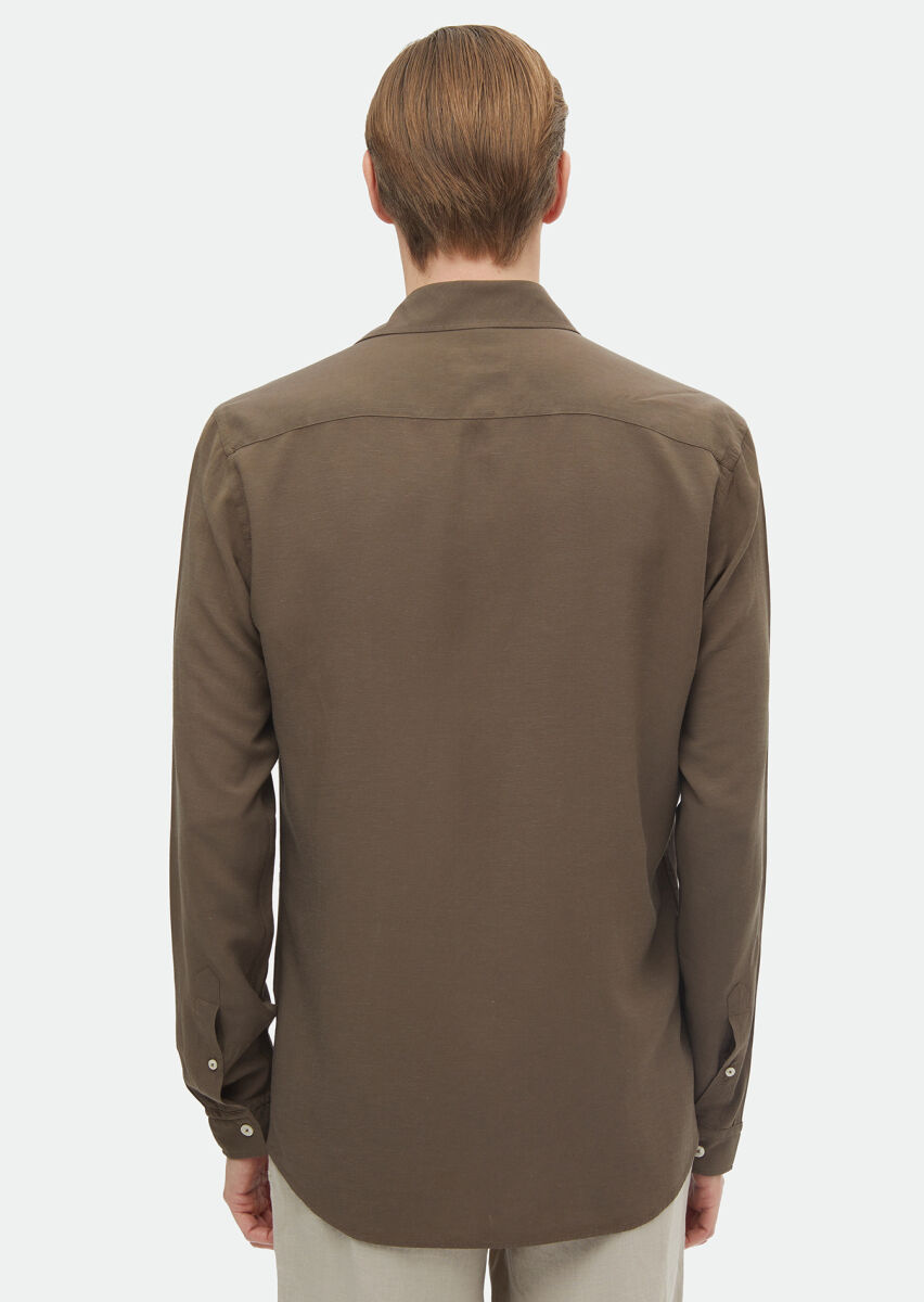 Kahverengi Düz Regular Fit Uzun Dokuma Casual Keten Karışımlı Gömlek - 4