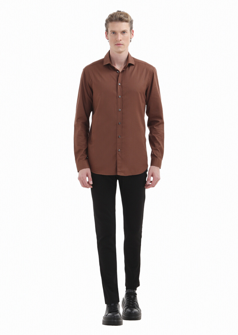 Kahverengi Düz Regular Fit Uzun Dokuma Casual Pamuk Karışımlı Gömlek - 2