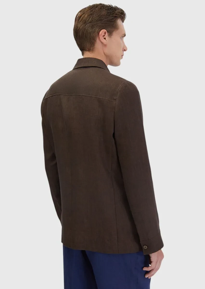 Kahverengi Düz Shirt Shoulder Slim Fit %100 Keten Ceket - 6