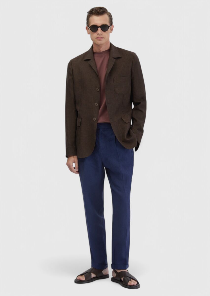 Kahverengi Düz Shirt Shoulder Slim Fit %100 Keten Ceket - 2