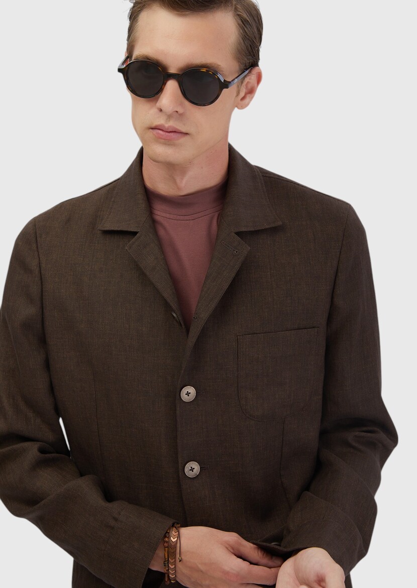 Kahverengi Düz Shirt Shoulder Slim Fit %100 Keten Ceket - 3