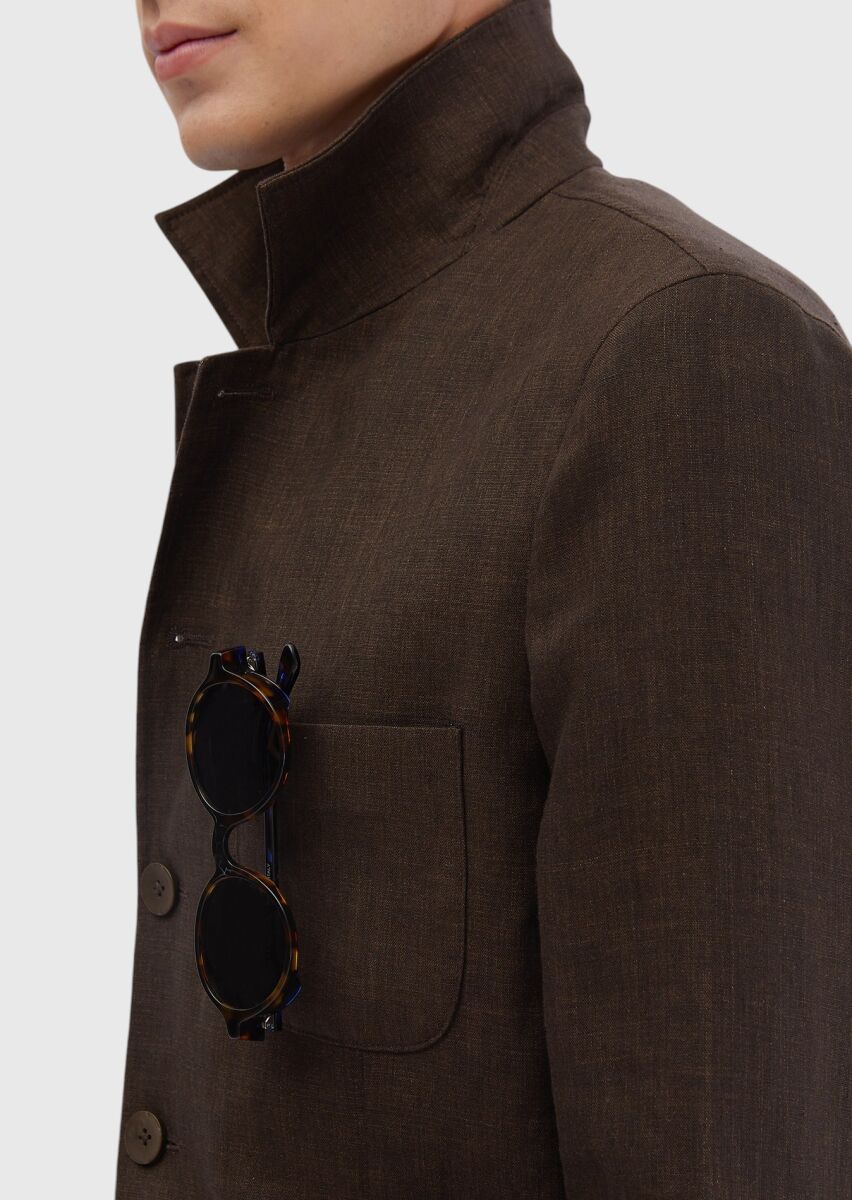 Kahverengi Düz Shirt Shoulder Slim Fit %100 Keten Ceket - 4