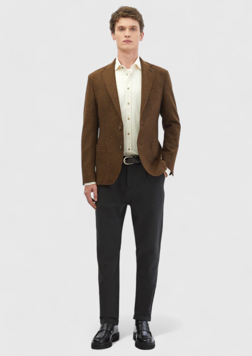 Kahverengi Düz Shirt Shoulder Slim Fit %100 Yün Ceket - RAMSEY