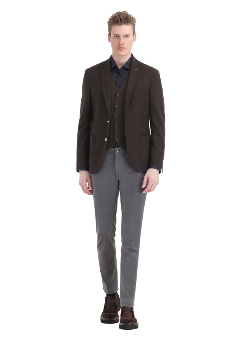 Kahverengi Düz Shirt Shoulder Slim Fit Yün Karışımlı Örme Ceket 