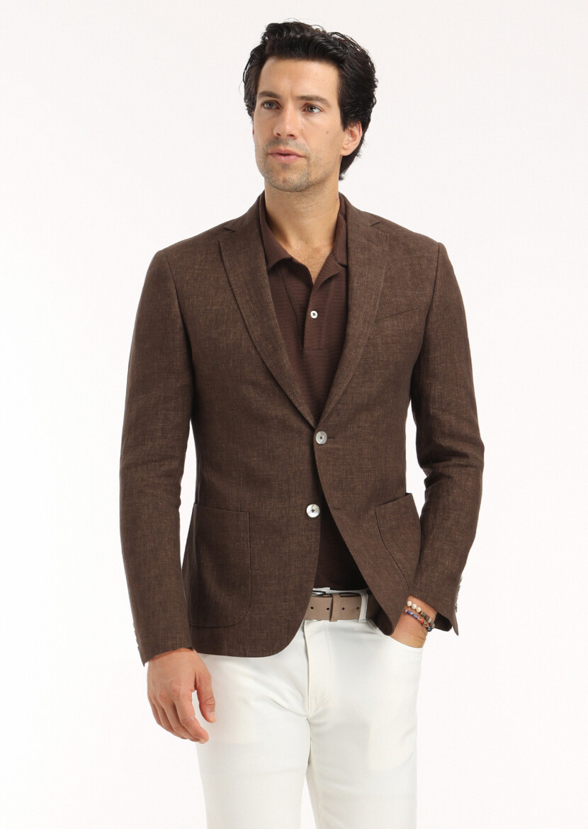 Kahverengi Düz Zeroweight Slim Fit %100 Keten Ceket 