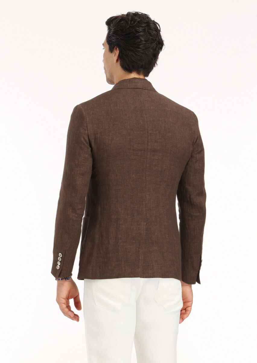 Kahverengi Düz Zeroweight Slim Fit %100 Keten Ceket - 5