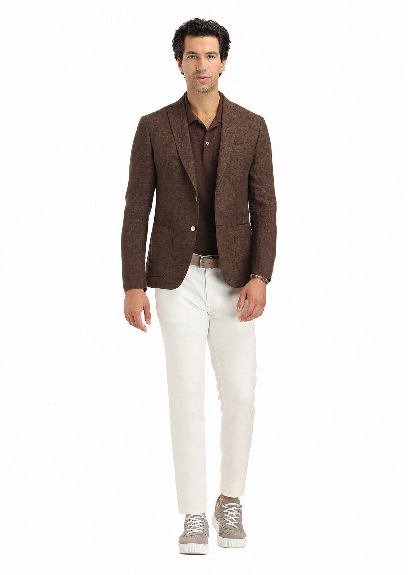 Kahverengi Düz Zeroweight Slim Fit %100 Keten Ceket - 1