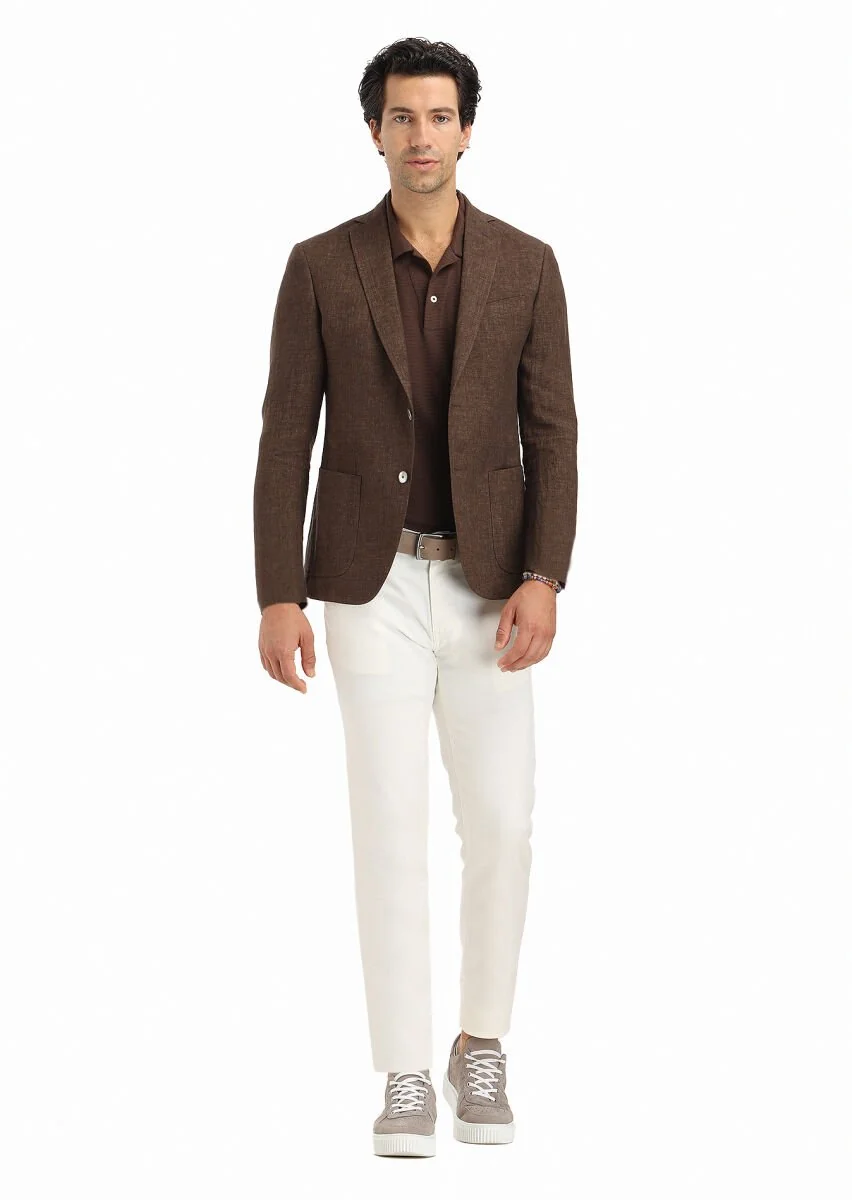 Kahverengi Düz Zeroweight Slim Fit %100 Keten Ceket - 1