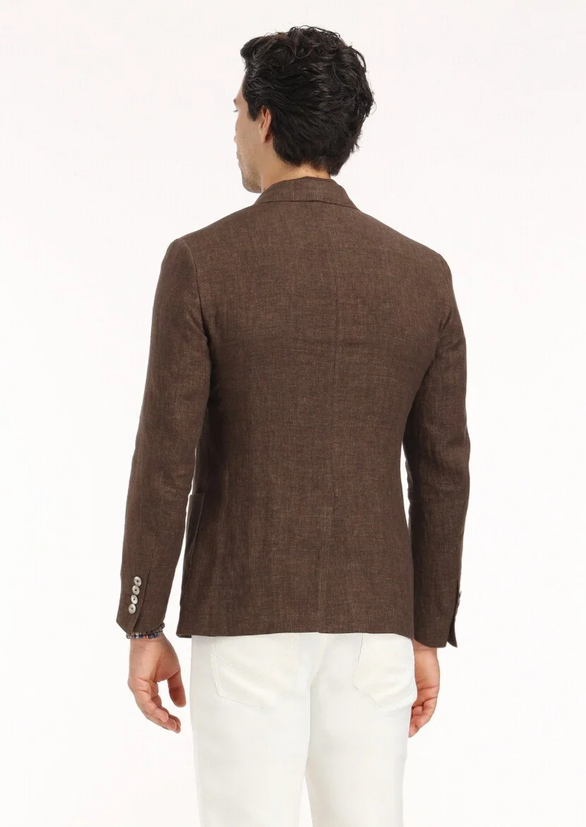 Kahverengi Düz Zeroweight Slim Fit %100 Keten Ceket - 6